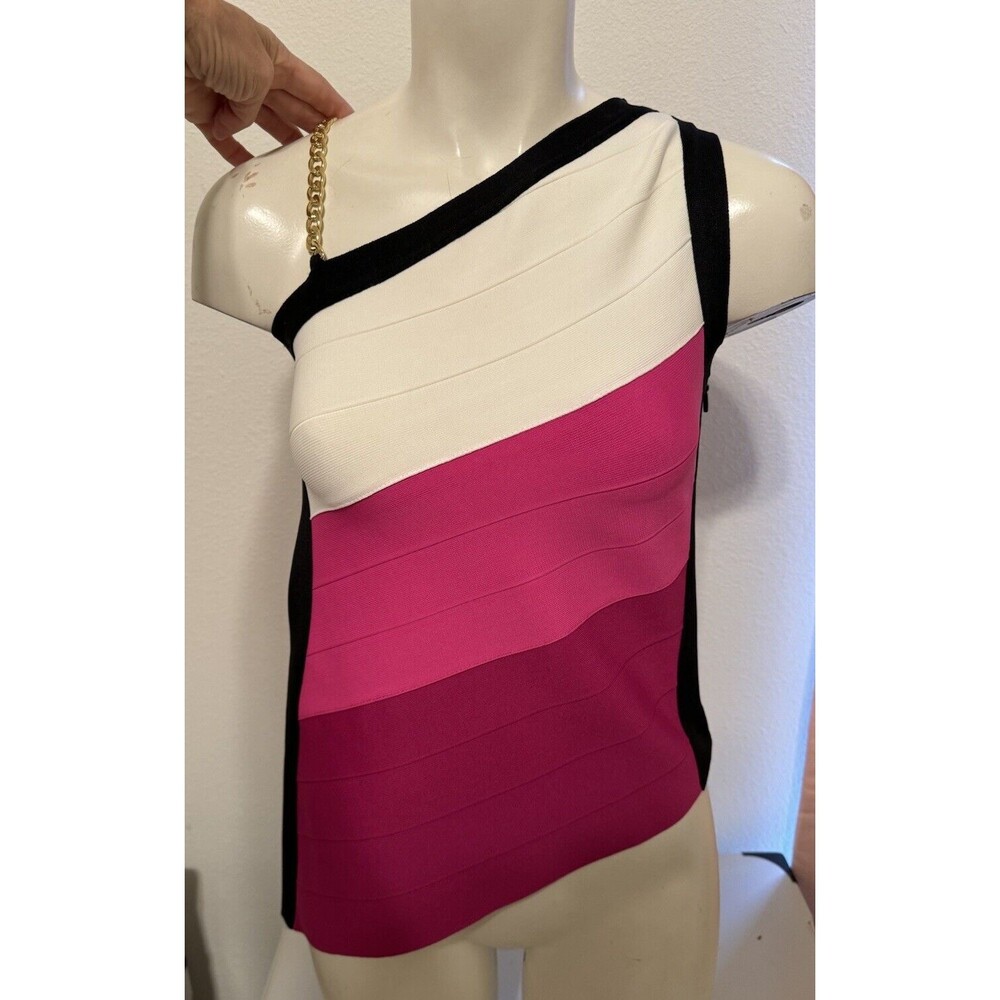 New Karen Millen Colorblock Bandage Chain Asymmetric Knit Pink Black White Top S